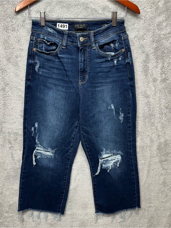 Judy Blue Denim - Judy Blue Wide Leg Distressed Cropped Jeans Women’s Size 3/26 Dark Wash Raw Hem